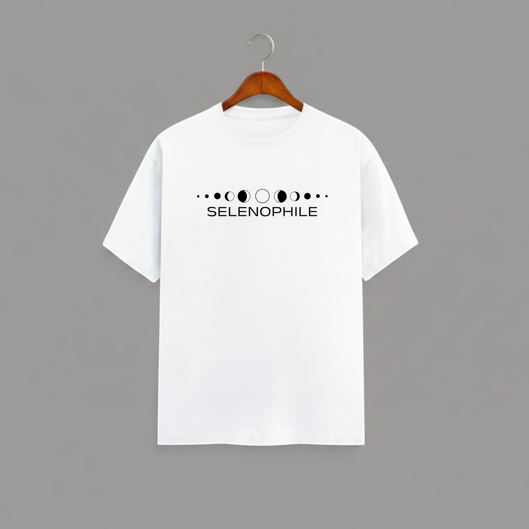 Selenophile Moon Phase T-Shirt on WHITE unisex classic crew, relaxed comfortable fit everyday wear, minimalist moon phase graphic Selenophile word chest celestial passion, durable crew neckline classic look, soft breathable fabric all-day comfort, high-quality fade-resistant graphic print, unisex design flattering fit all body types, lightweight breathable material year-round