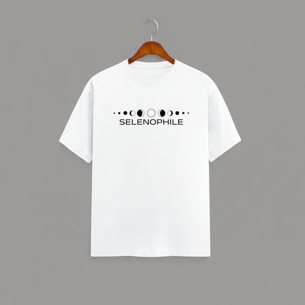Selenophile Moon Phase T-Shirt on WHITE unisex classic crew, relaxed comfortable fit everyday wear, minimalist moon phase graphic Selenophile word chest celestial passion, durable crew neckline classic look, soft breathable fabric all-day comfort, high-quality fade-resistant graphic print, unisex design flattering fit all body types, lightweight breathable material year-round