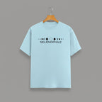 Selenophile Moon Phase T-Shirt on BABY BLUE unisex classic crew, relaxed comfortable fit everyday wear, minimalist moon phase graphic Selenophile word chest celestial passion, durable crew neckline classic look, soft breathable fabric all-day comfort, high-quality fade-resistant graphic print, unisex design flattering fit all body types, lightweight breathable material year-round