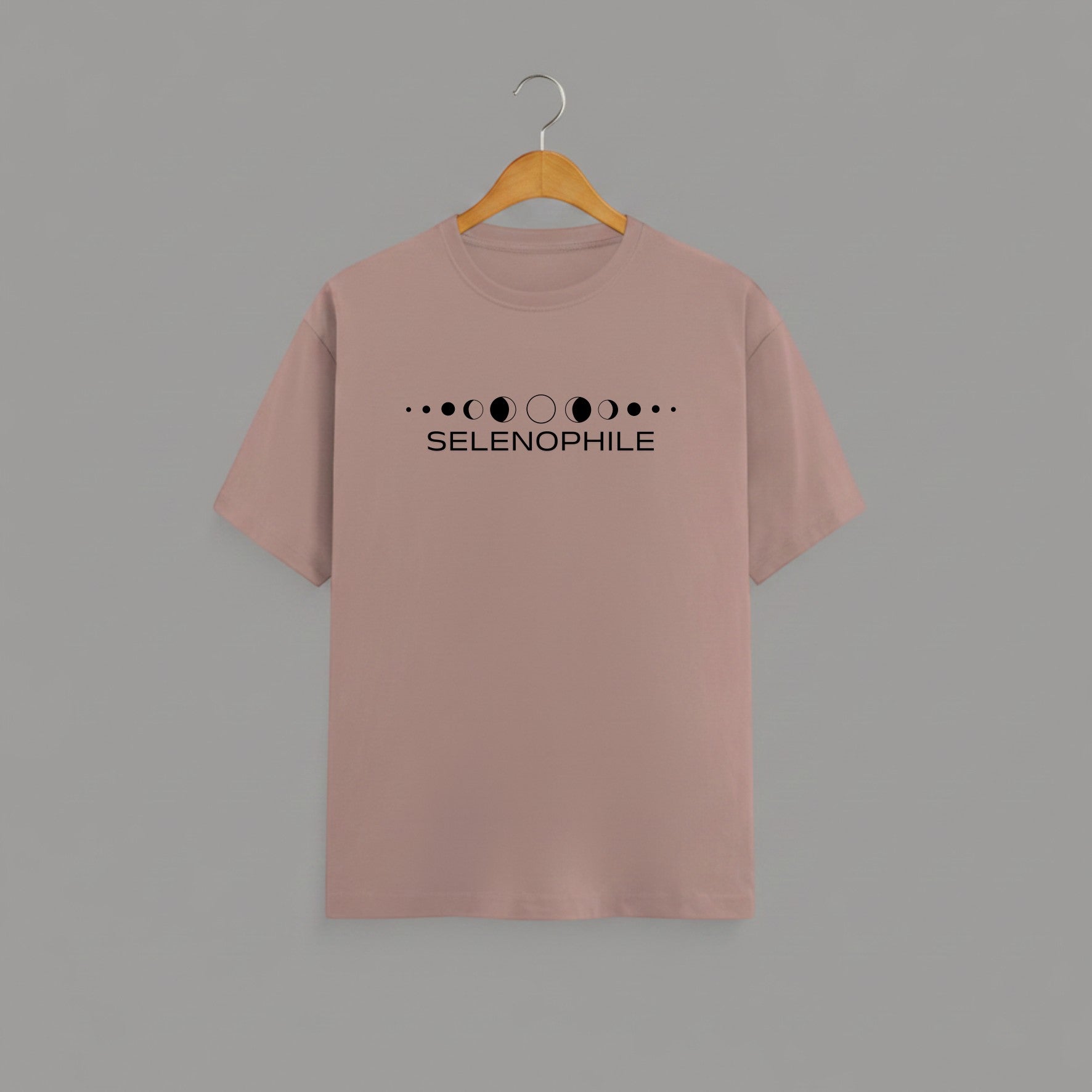 Selenophile Moon Phase T-Shirt on MUSHROOM BROWN unisex classic crew, relaxed comfortable fit everyday wear, minimalist moon phase graphic Selenophile word chest celestial passion, durable crew neckline classic look, soft breathable fabric all-day comfort, high-quality fade-resistant graphic print, unisex design flattering fit all body types, lightweight breathable material year-round