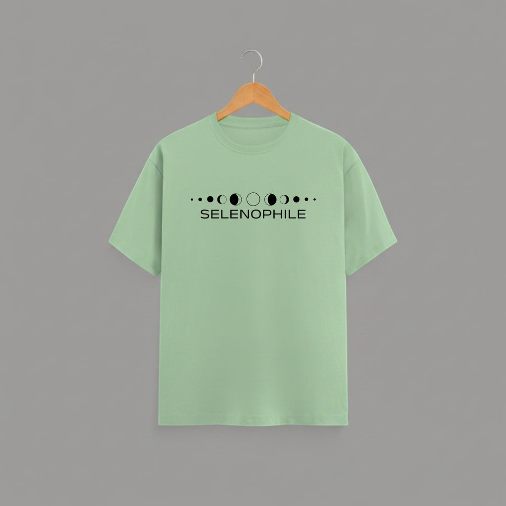 Selenophile Moon Phase T-Shirt on JADE GREEN unisex classic crew, relaxed comfortable fit everyday wear, minimalist moon phase graphic Selenophile word chest celestial passion, durable crew neckline classic look, soft breathable fabric all-day comfort, high-quality fade-resistant graphic print, unisex design flattering fit all body types, lightweight breathable material year-round
