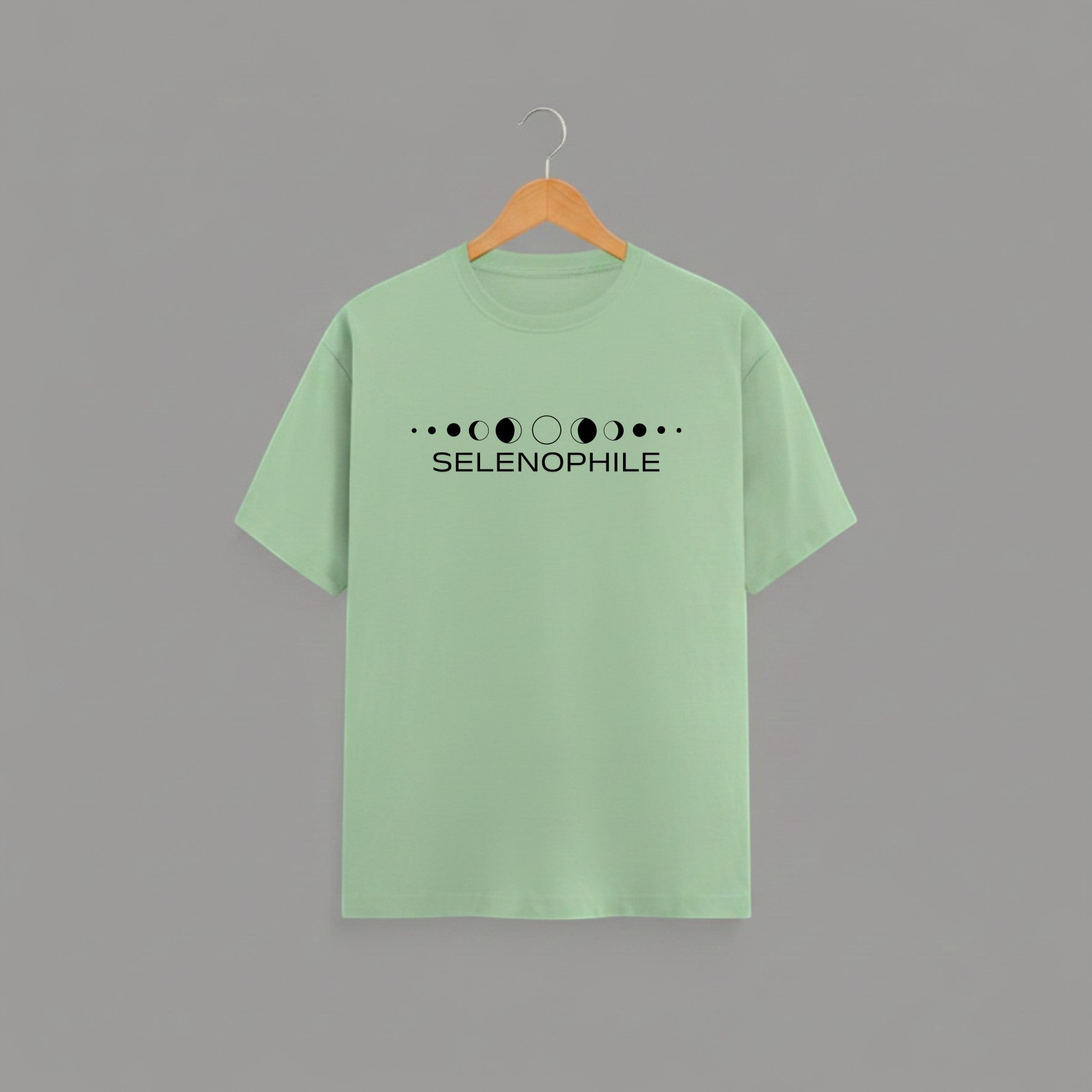 Selenophile Moon Phase T-Shirt on JADE GREEN unisex classic crew, relaxed comfortable fit everyday wear, minimalist moon phase graphic Selenophile word chest celestial passion, durable crew neckline classic look, soft breathable fabric all-day comfort, high-quality fade-resistant graphic print, unisex design flattering fit all body types, lightweight breathable material year-round