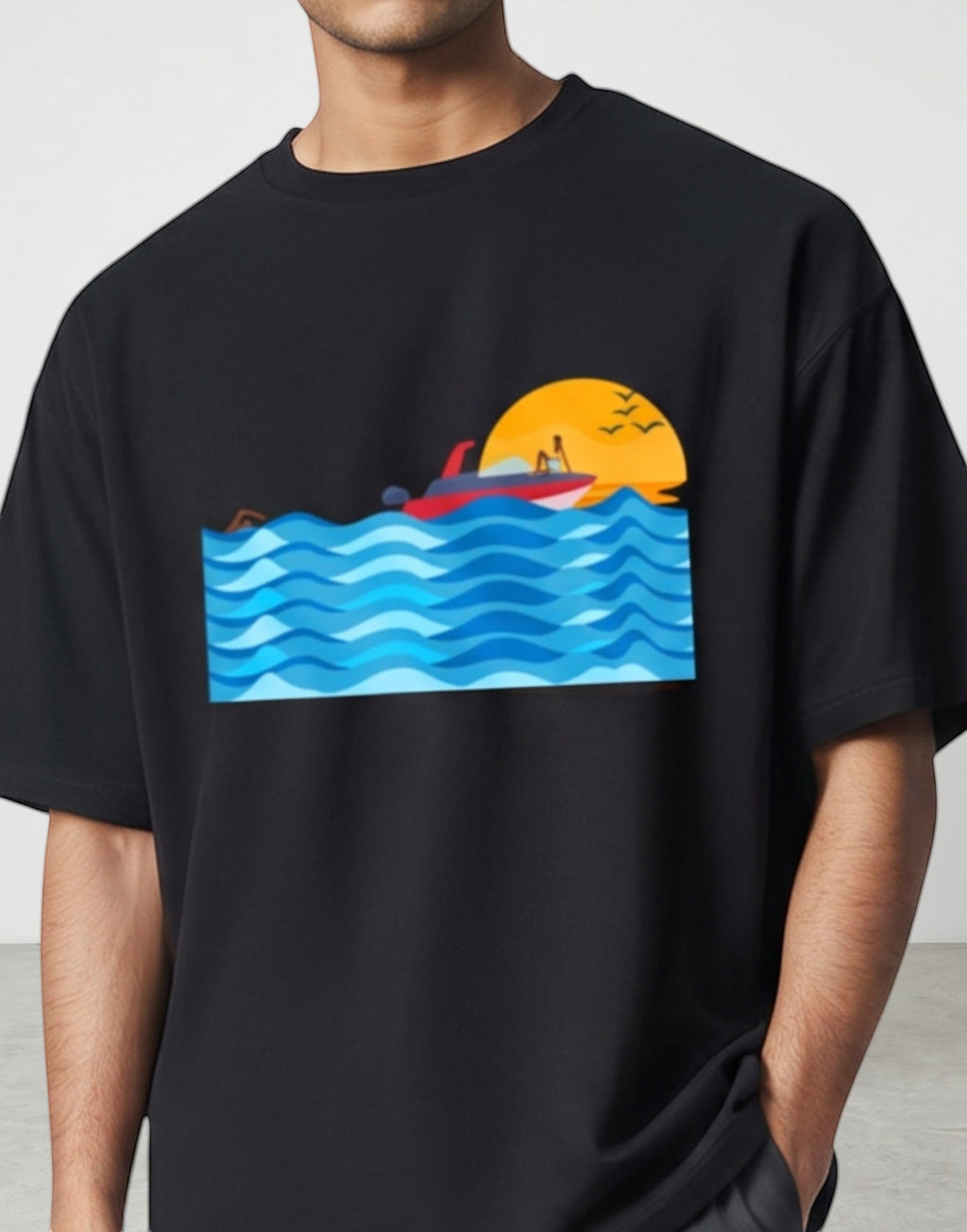 Sunset Boat graphic t-shirt on BLACK unisex 100% cotton crew neck, vibrant high-quality serene sunset boat scene, artistic flair beach design, DTG print 300 DPI, 180 GSM breathable soft fabric