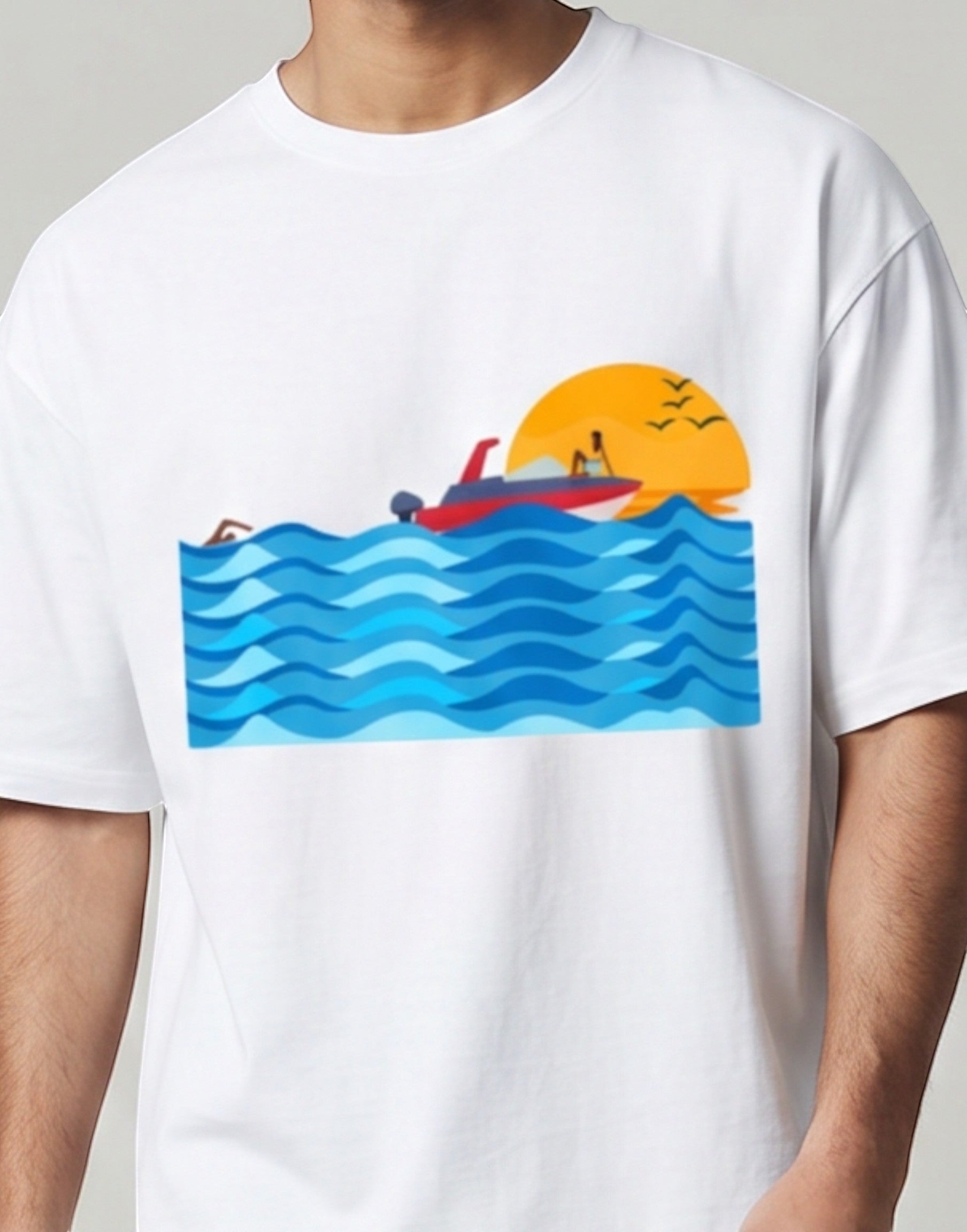 Sunset Boat graphic t-shirt on WHITE unisex 100% cotton crew neck, vibrant high-quality serene sunset boat scene, artistic flair beach design, DTG print 300 DPI, 180 GSM breathable soft fabric