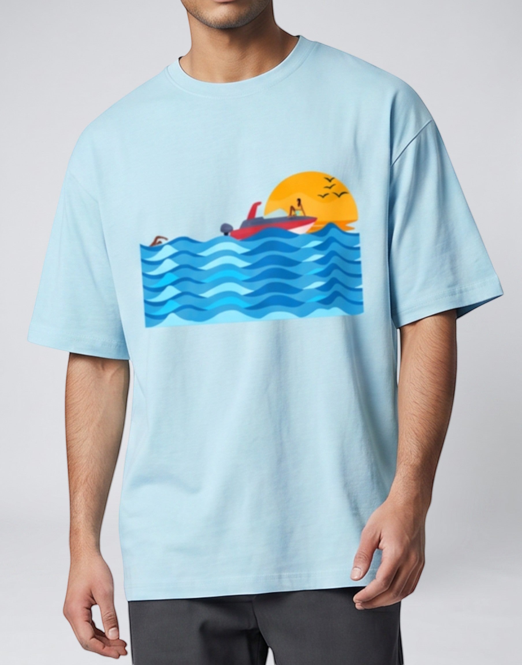 Sunset Boat graphic t-shirt on BABY BLUE unisex 100% cotton crew neck, vibrant high-quality serene sunset boat scene, artistic flair beach design, DTG print 300 DPI, 180 GSM breathable soft fabric