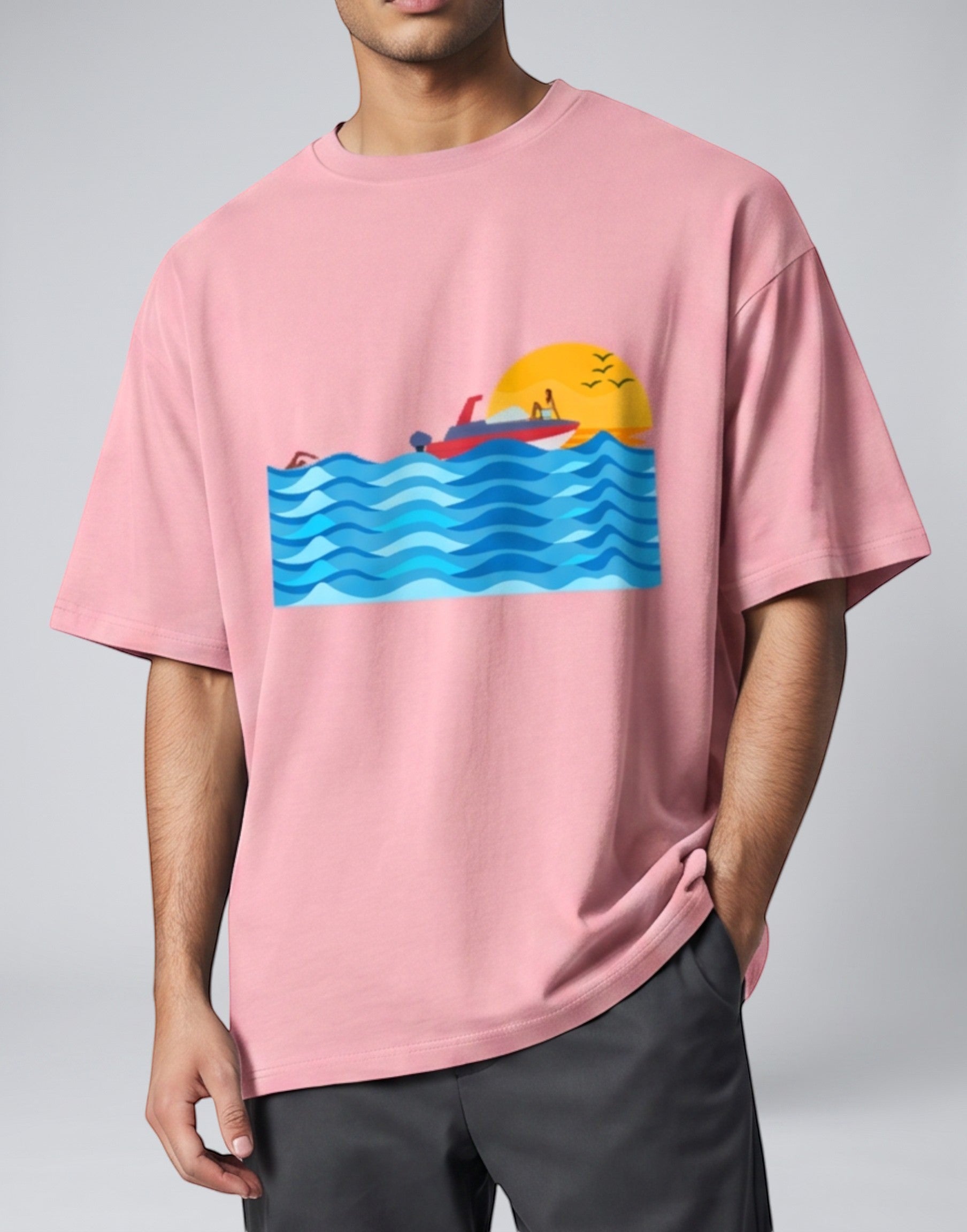 Sunset Boat graphic t-shirt on FLAMINGO unisex 100% cotton crew neck, vibrant high-quality serene sunset boat scene, artistic flair beach design, DTG print 300 DPI, 180 GSM breathable soft fabric