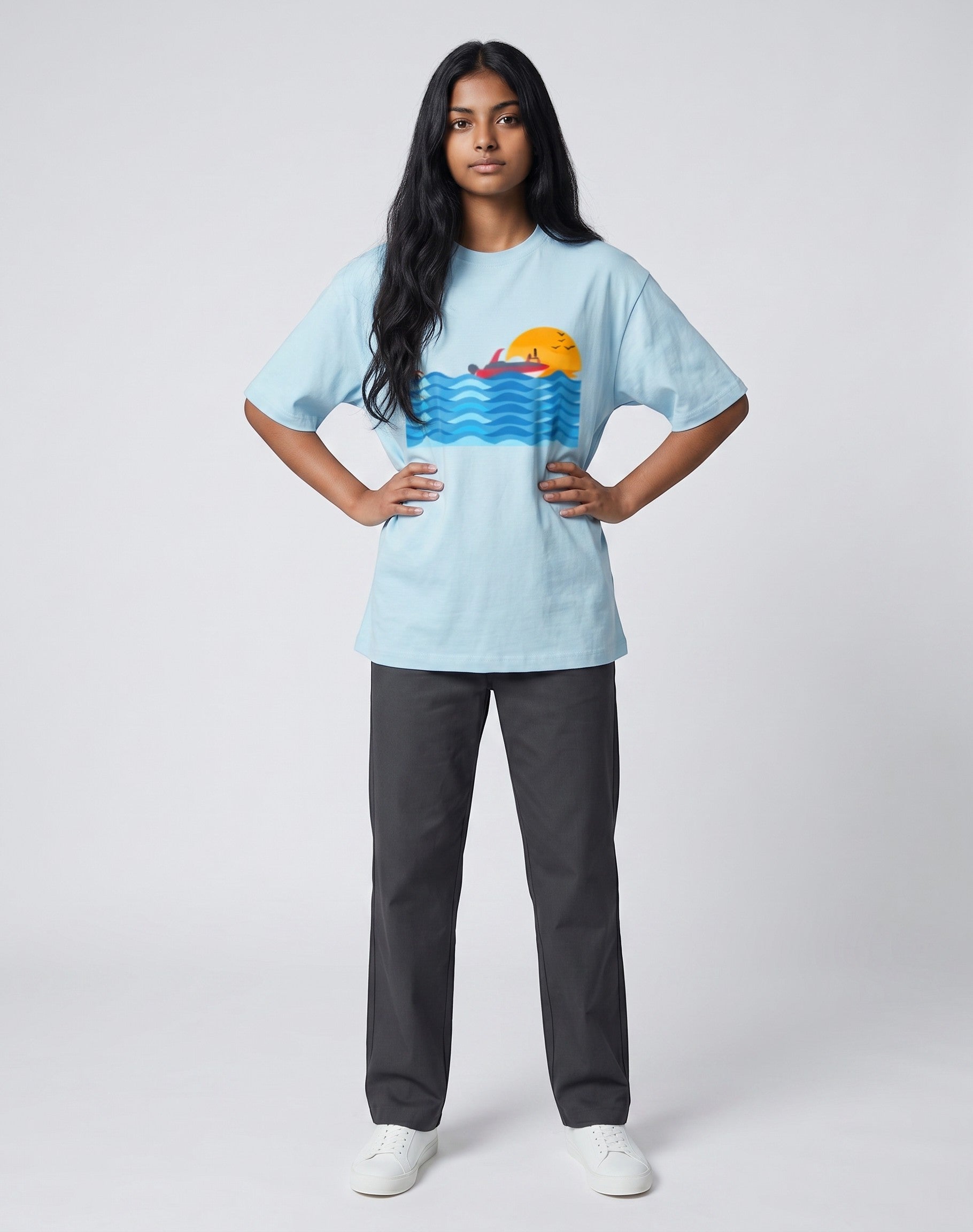 Sunset Boat graphic t-shirt on BABY BLUE unisex 100% cotton crew neck, vibrant high-quality serene sunset boat scene, artistic flair beach design, DTG print 300 DPI, 180 GSM breathable soft fabric