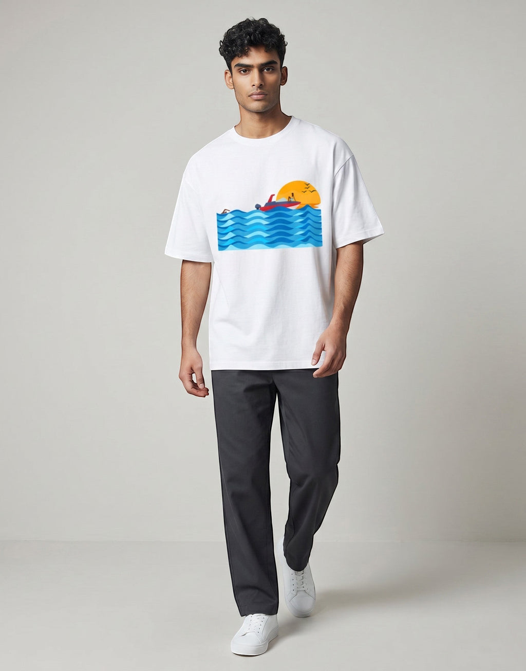 Sunset Boat graphic t-shirt on WHITE unisex 100% cotton crew neck, vibrant high-quality serene sunset boat scene, artistic flair beach design, DTG print 300 DPI, 180 GSM breathable soft fabric