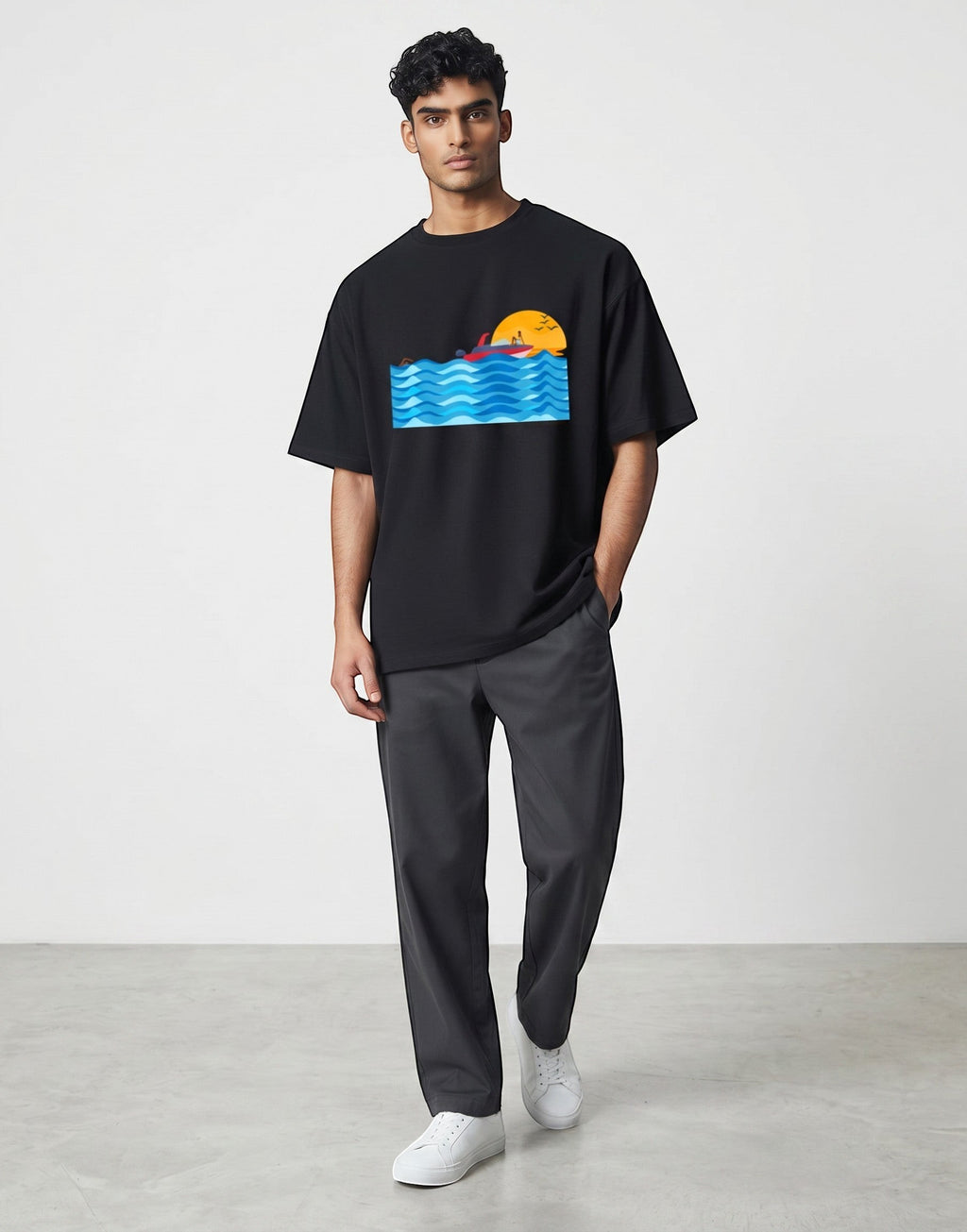 Sunset Boat graphic t-shirt on BLACK unisex 100% cotton crew neck, vibrant high-quality serene sunset boat scene, artistic flair beach design, DTG print 300 DPI, 180 GSM breathable soft fabric