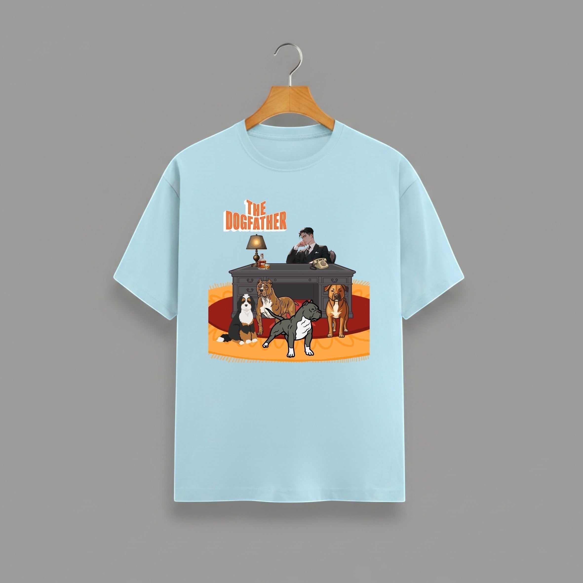 The Dogfather graphic t-shirt on LIGHT BABY BLUE unisex 100% cotton crew neck, unique dog lover movie buff humor design, vibrant detailed DTG print 300 DPI, 180 GSM breathable soft fabric