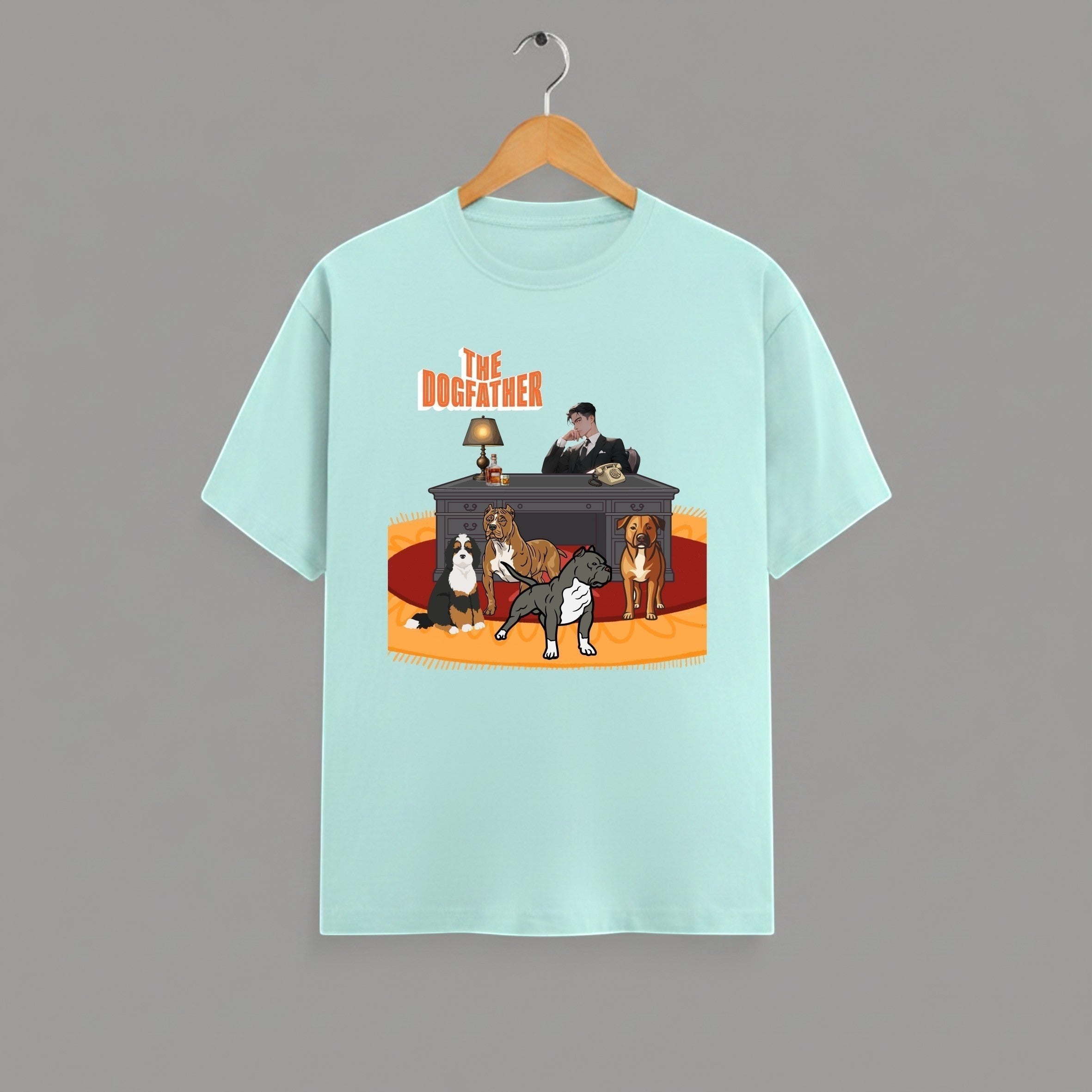 The Dogfather graphic t-shirt on MINT unisex 100% cotton crew neck, unique dog lover movie buff humor design, vibrant detailed DTG print 300 DPI, 180 GSM breathable soft fabric