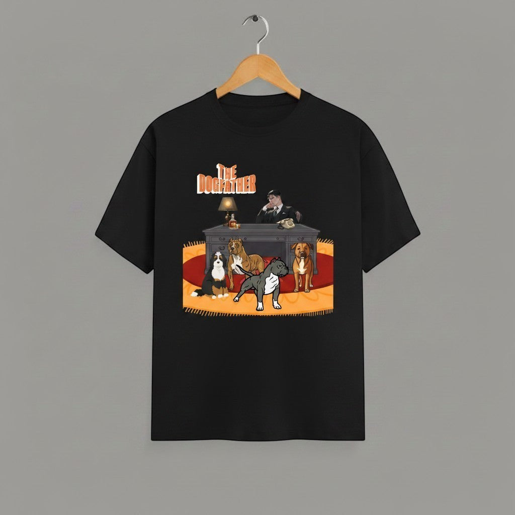 The Dogfather graphic t-shirt on BLACK unisex 100% cotton crew neck, unique dog lover movie buff humor design, vibrant detailed DTG print 300 DPI, 180 GSM breathable soft fabric