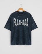 Tribe Neo 91 oversized unisex cotton tee in black acid wash with distressed white FAAAHAAA graphic typography