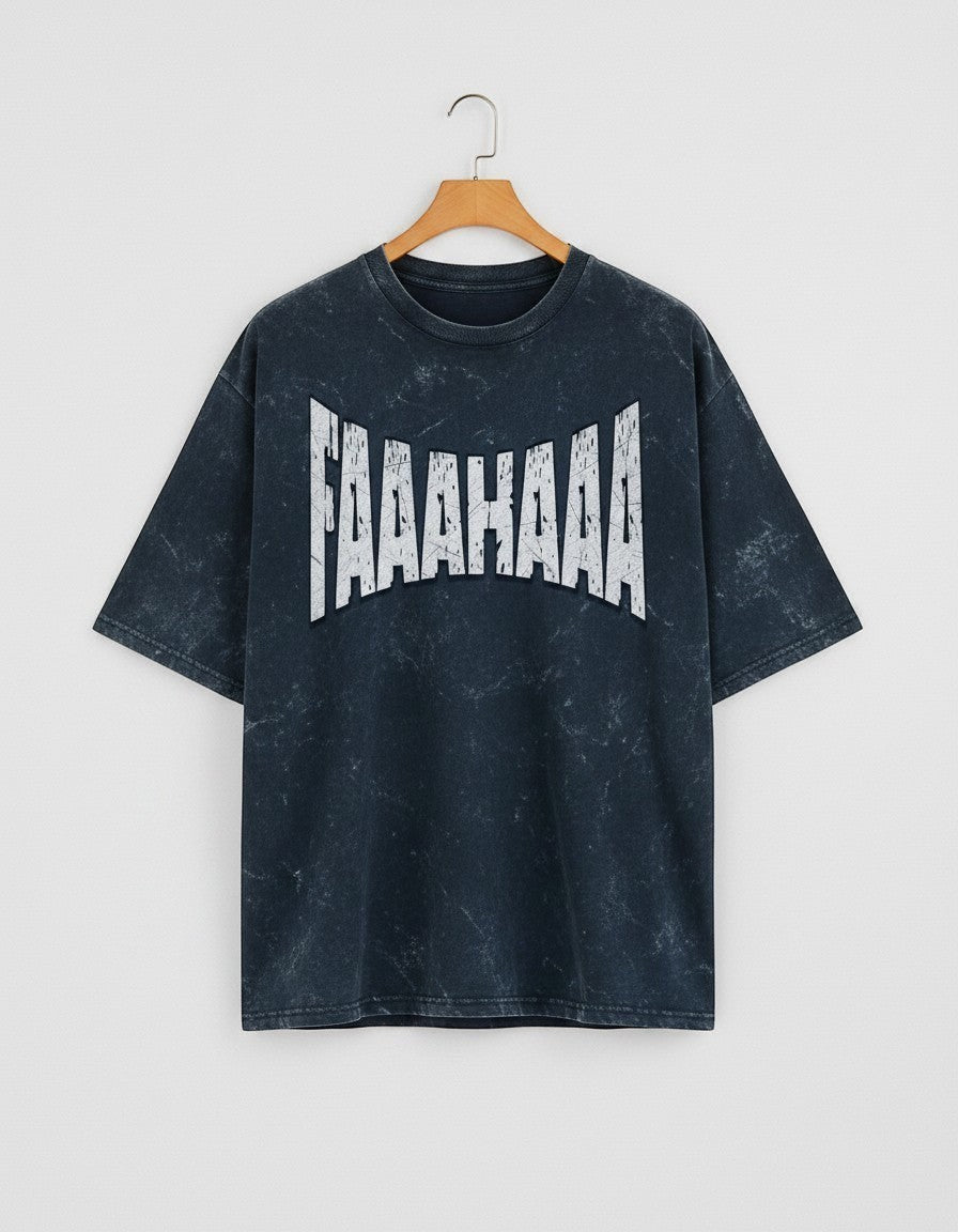 Tribe Neo 91 oversized unisex cotton tee in black acid wash with distressed white FAAAHAAA graphic typography