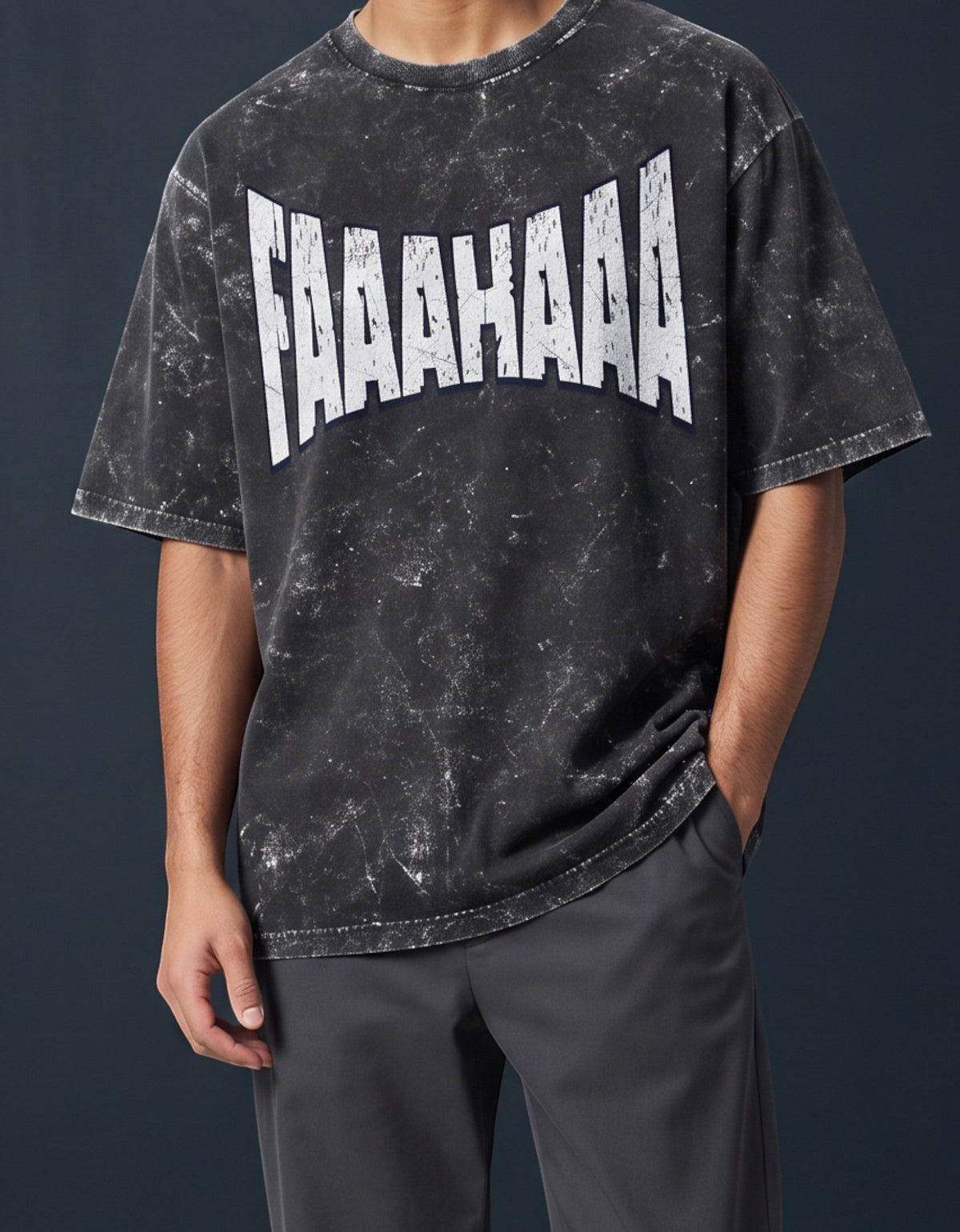 Tribe Neo 91 unisex oversized acid wash black cotton t-shirt with distressed FAAAHAAA graphic print on a male model