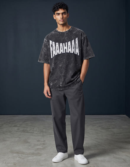 Tribe Neo 91 unisex oversized acid wash black cotton t-shirt with distressed white FAAAHAAA graphic print