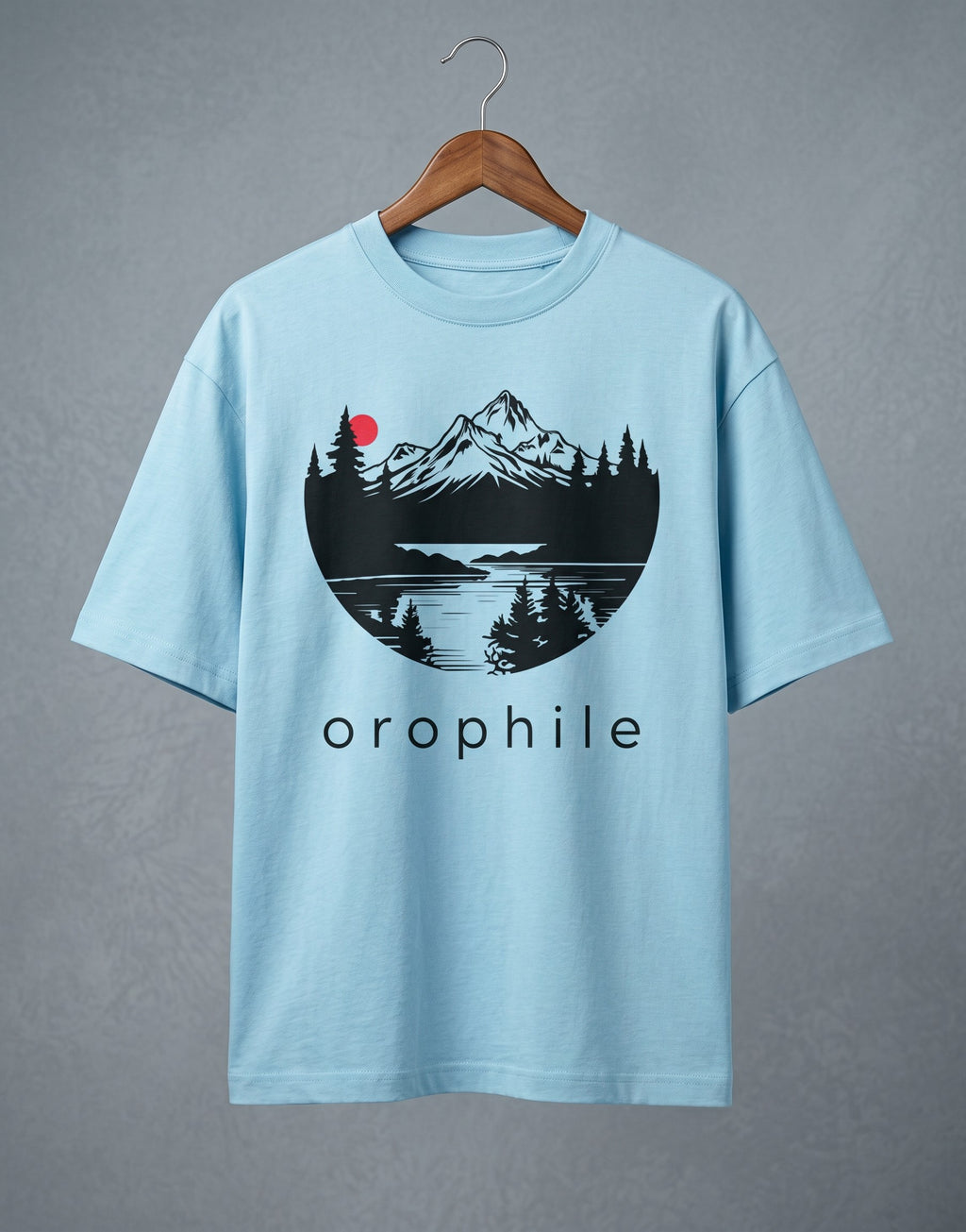 Tribe Neo 91 baby blue oversized cotton t-shirt featuring a circular mountain landscape graphic and orophile text.