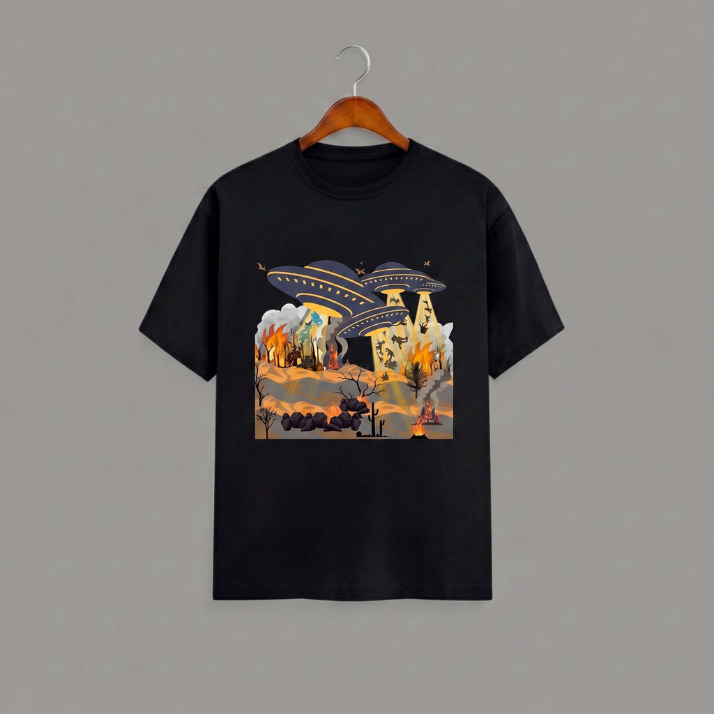 Tribe Neo 91 black cotton crew neck t-shirt featuring a vibrant otherworldly dinosaur abduction desert graphic print.