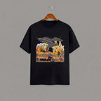 Tribe Neo 91 black cotton crew neck t-shirt featuring a vibrant otherworldly dinosaur abduction desert graphic print.