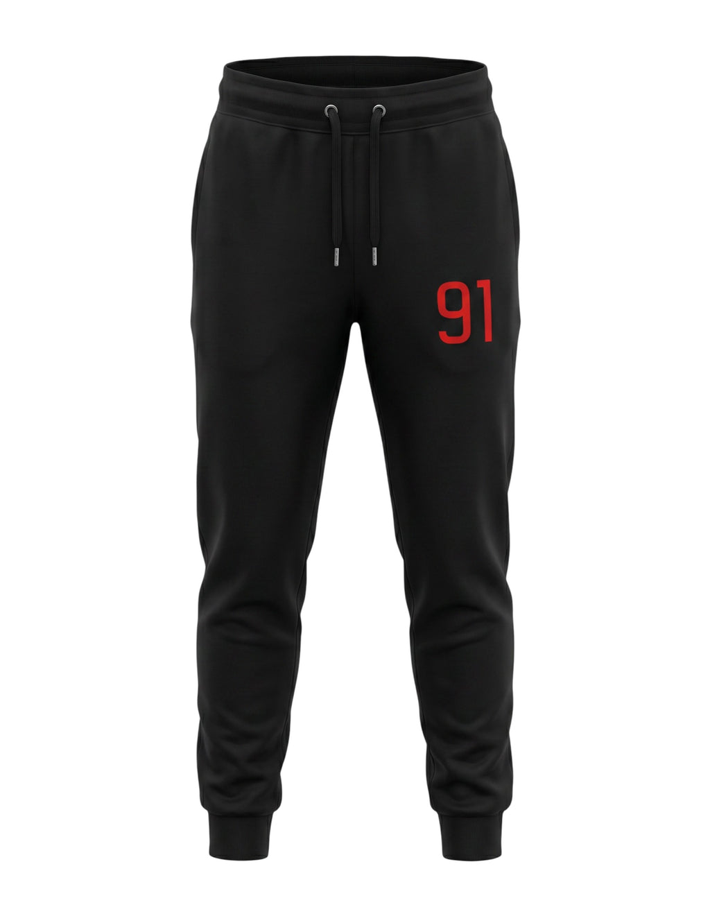 Tribe Neo 91 black unisex cotton fleece joggers featuring a bold red 91 graphic on the left thigh and ribbed cuffs.