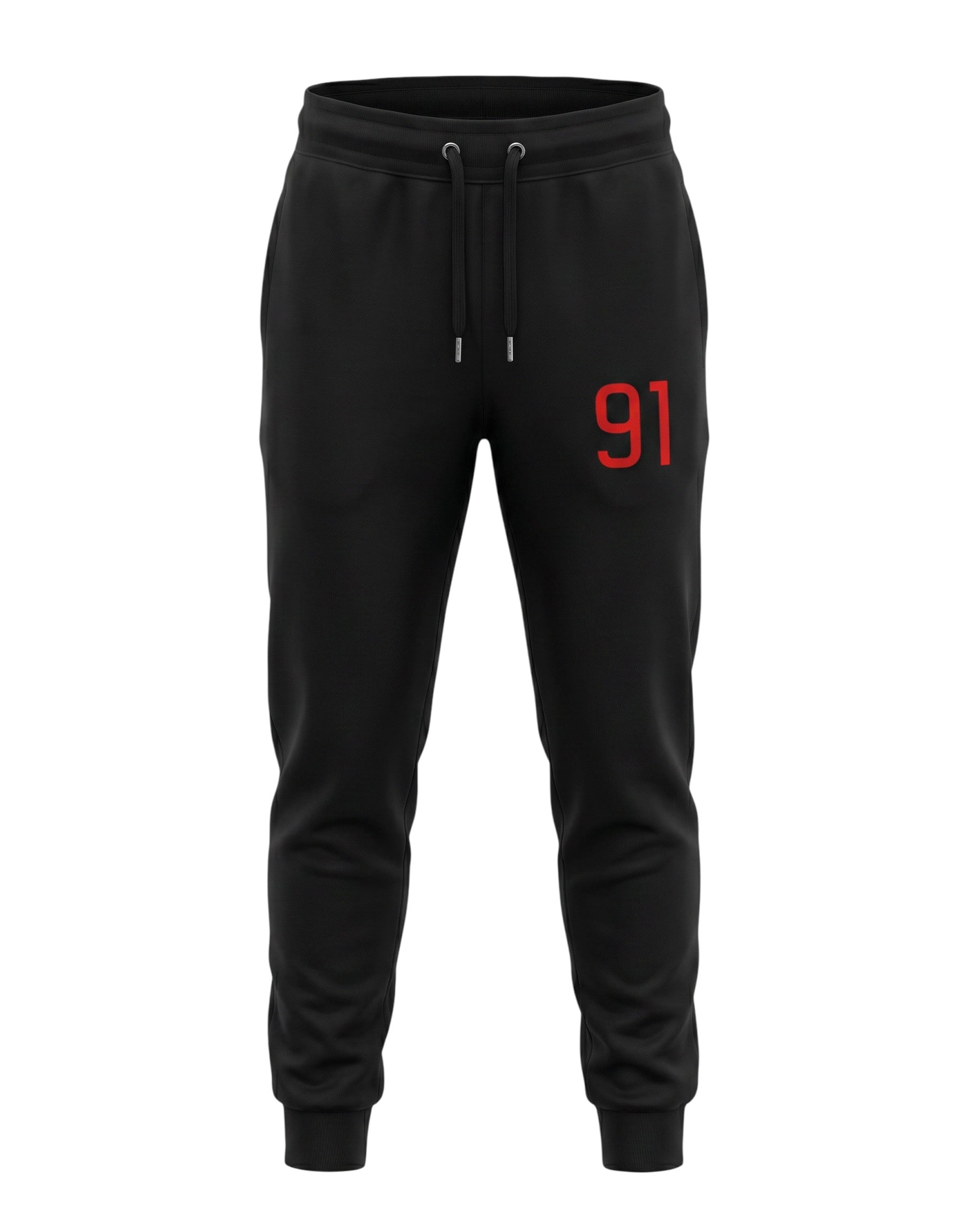Tribe Neo 91 black unisex cotton fleece joggers featuring a bold red 91 graphic on the left thigh and ribbed cuffs.