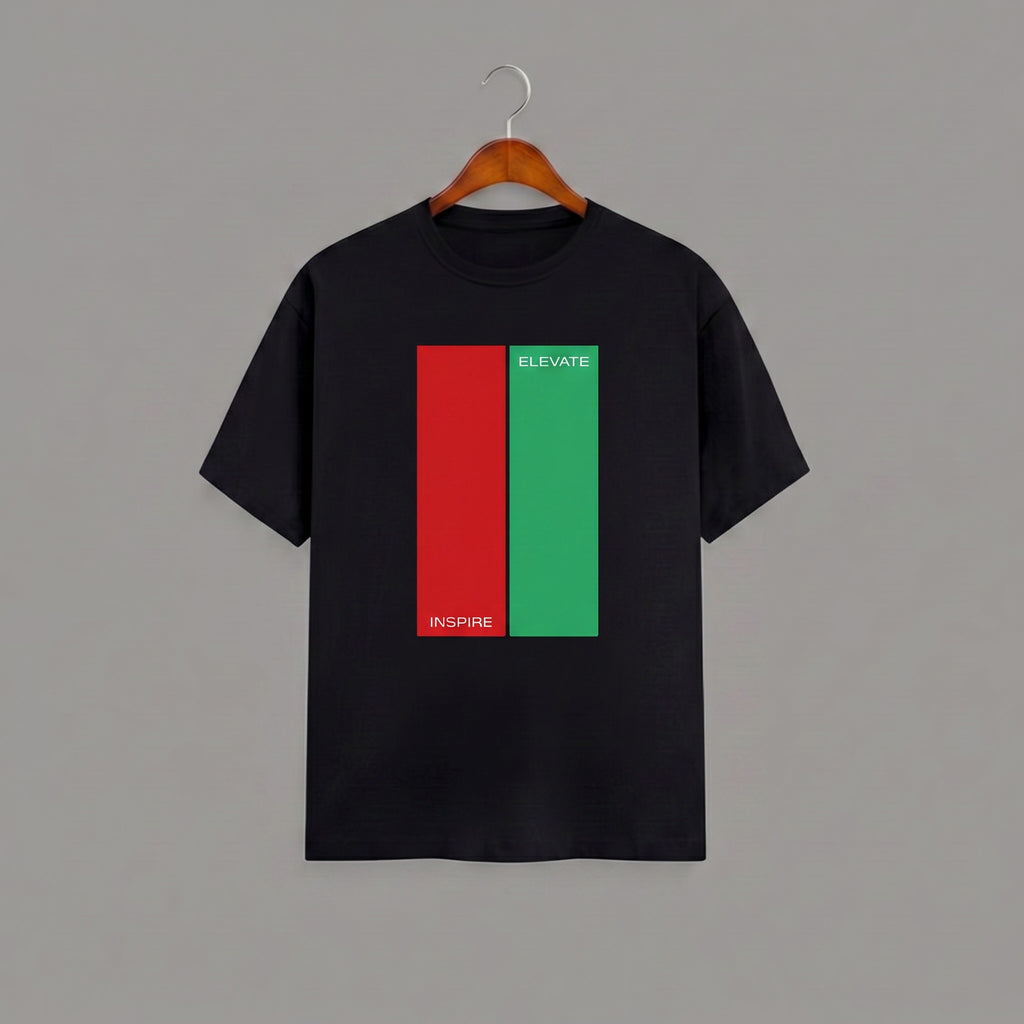 Tribe Neo 91 black unisex cotton t-shirt with minimalist red and green rectangular graphic print on the chest