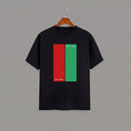 Tribe Neo 91 black unisex cotton t-shirt with minimalist red and green rectangular graphic print on the chest