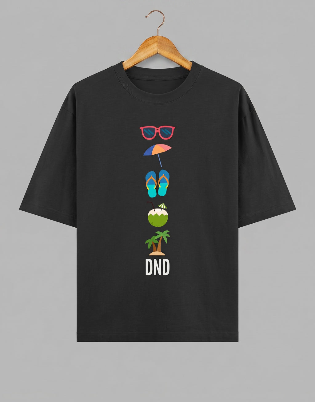 Tribe Neo 91 black oversized cotton t-shirt featuring a vertical stack of colourful beach icons and DND text.