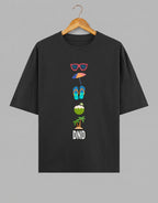 Tribe Neo 91 black oversized cotton t-shirt featuring a vertical stack of colourful beach icons and DND text.
