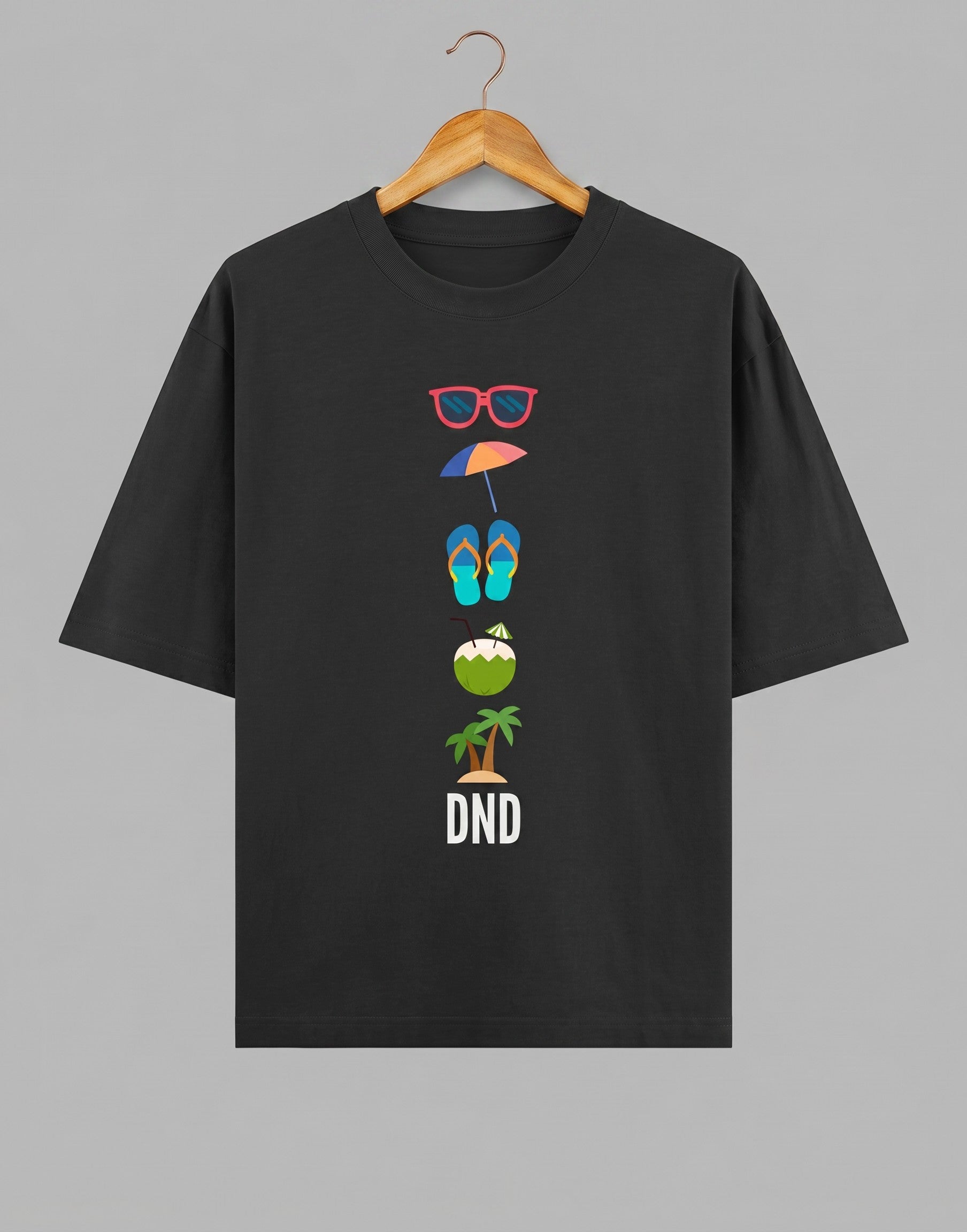 Tribe Neo 91 black oversized cotton t-shirt featuring a vertical stack of colourful beach icons and DND text.