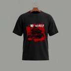 Tribe Neo 91 black unisex cotton t-shirt featuring a red and black Japanese samurai mansion graphic print.