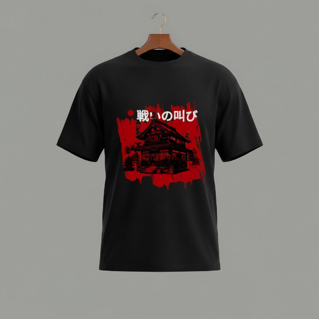 Tribe Neo 91 black unisex cotton t-shirt featuring a red and black Japanese samurai mansion graphic print.