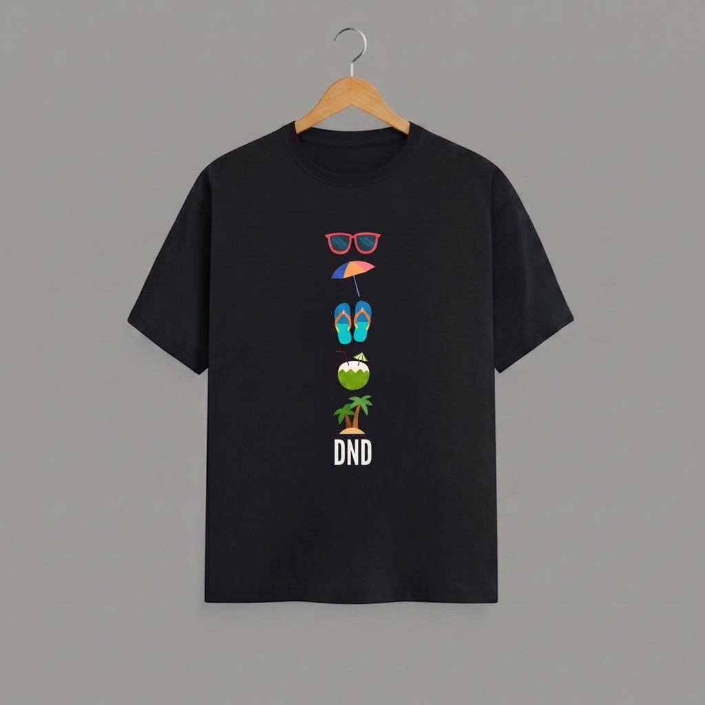 Tribe Neo 91 black unisex cotton crew neck t-shirt featuring a vertical vacation-themed graphic print.