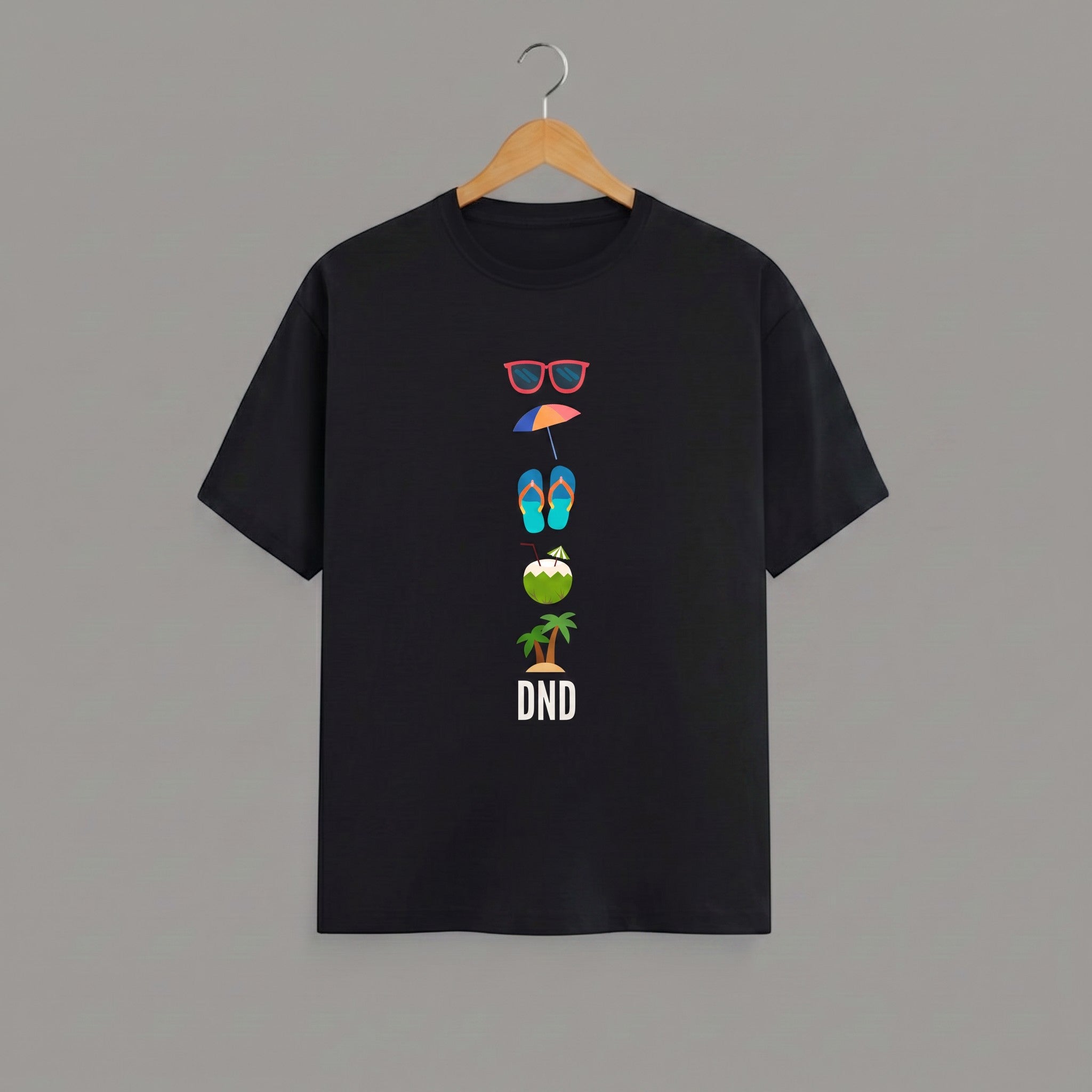 Tribe Neo 91 black unisex cotton crew neck t-shirt featuring a vertical vacation-themed graphic print.