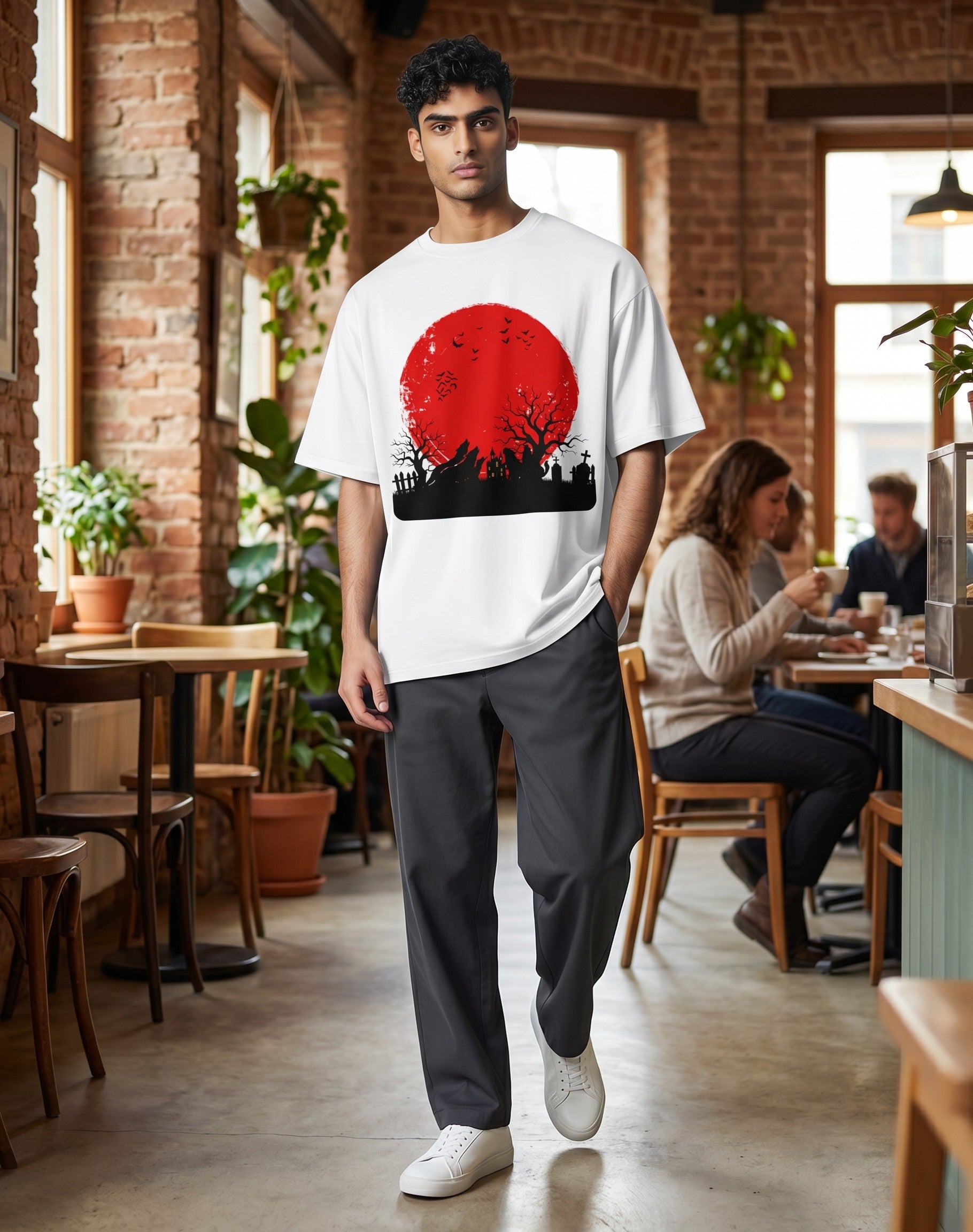 Tribe Neo 91 oversized white cotton t-shirt with a red blood moon and gothic graveyard graphic worn by a man in a cafe