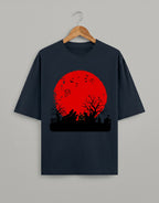 Tribe Neo 91 oversized black cotton t-shirt featuring a red blood moon and gothic graveyard graphic print.