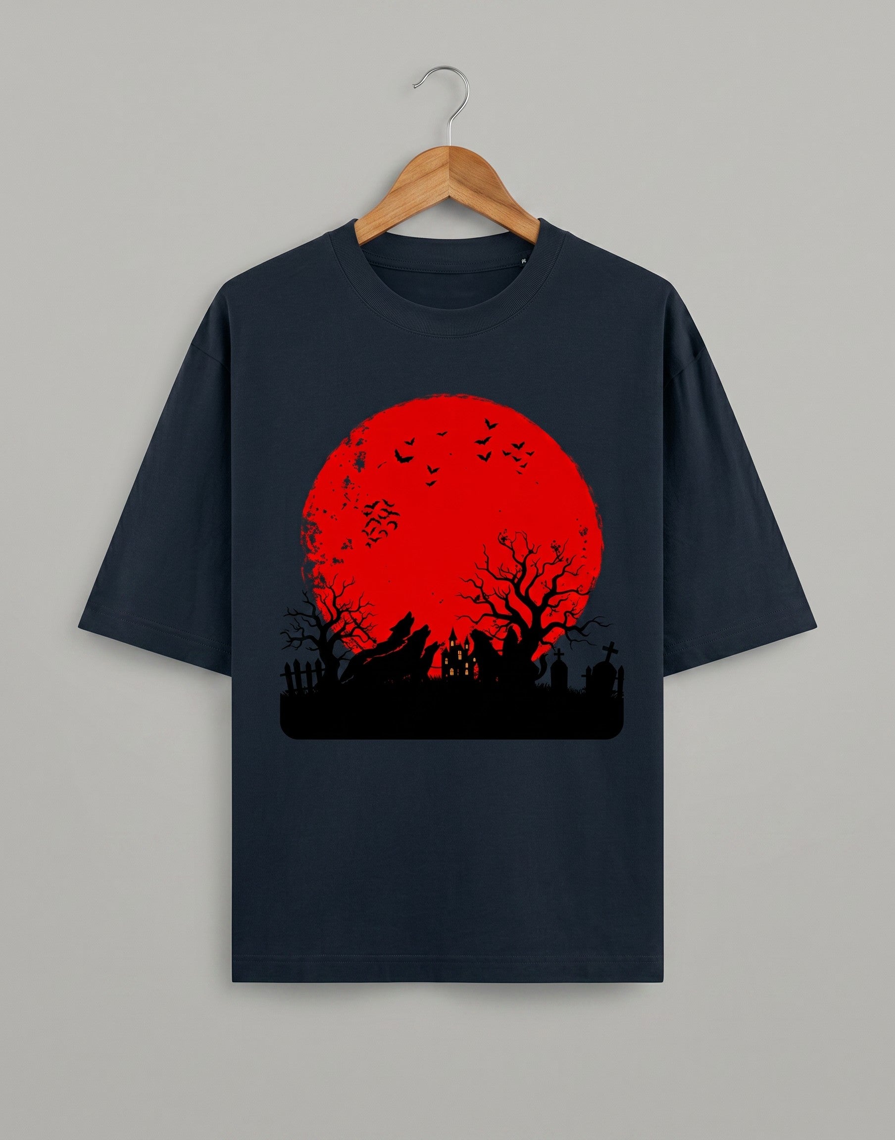 Tribe Neo 91 oversized black cotton t-shirt featuring a red blood moon and gothic graveyard graphic print.