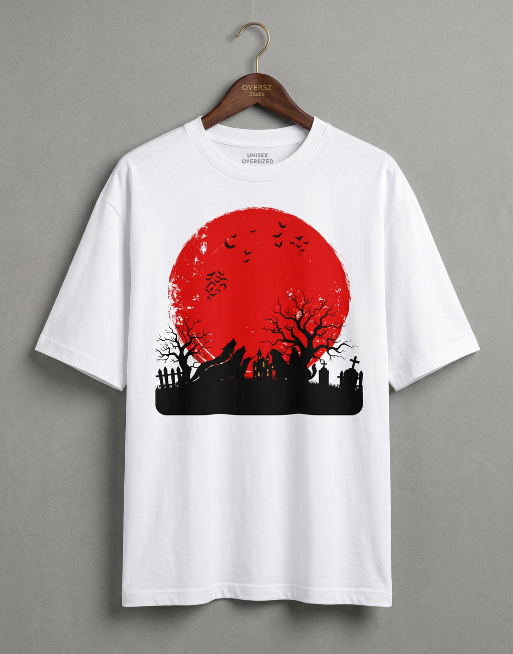 Tribe Neo 91 white oversized cotton t-shirt featuring a red blood moon and black gothic graveyard graphic print.