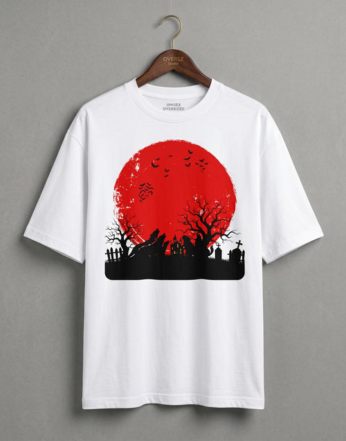 Tribe Neo 91 white oversized cotton t-shirt featuring a red blood moon and black gothic graveyard graphic print.