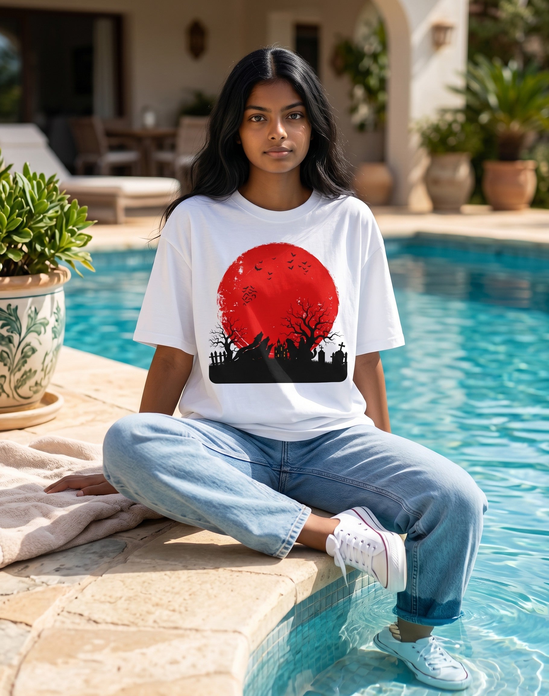 Tribe Neo 91 white oversized cotton t-shirt featuring a red blood moon and gothic graveyard graphic print.