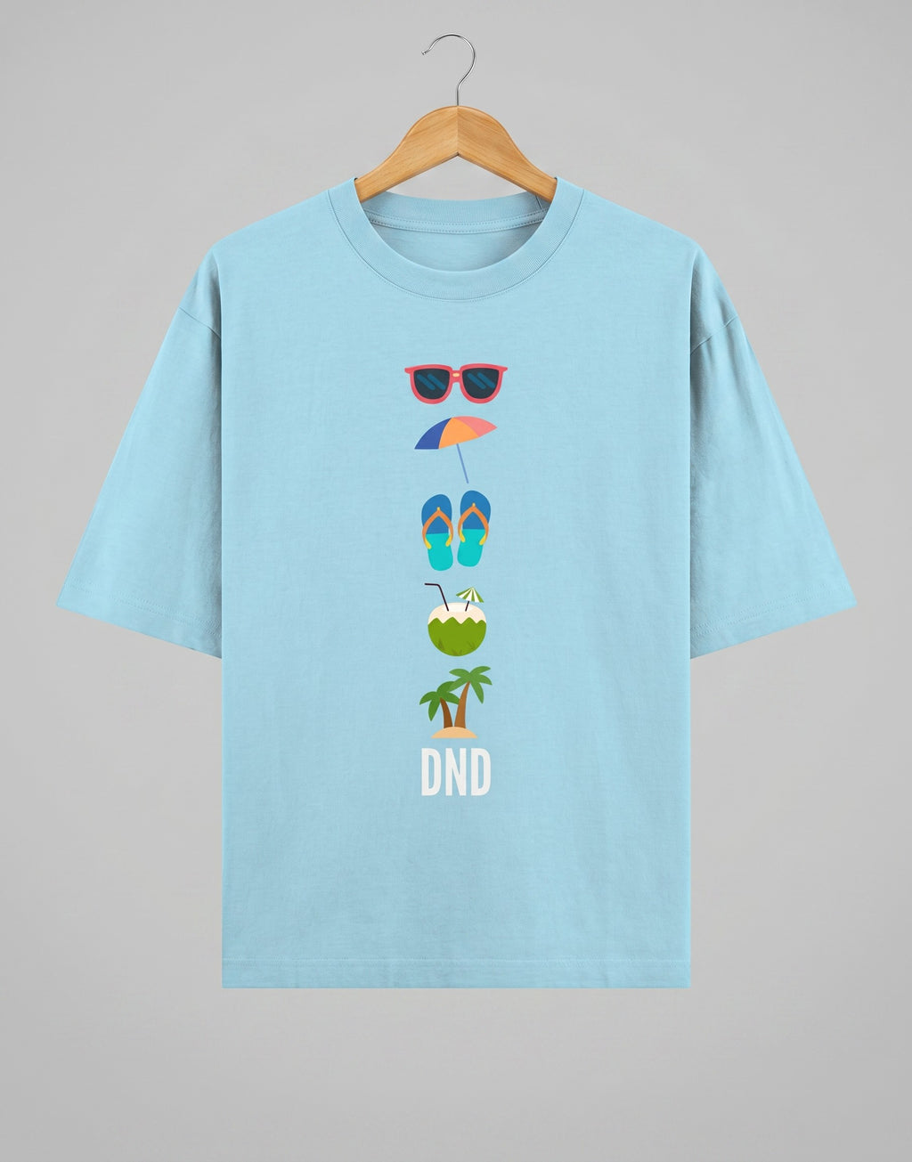 Tribe Neo 91 light blue oversized cotton t-shirt with a vertical stack of colourful beach icons and DND text.