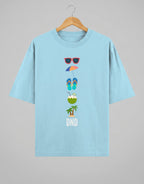 Tribe Neo 91 light blue oversized cotton t-shirt with a vertical stack of colourful beach icons and DND text.
