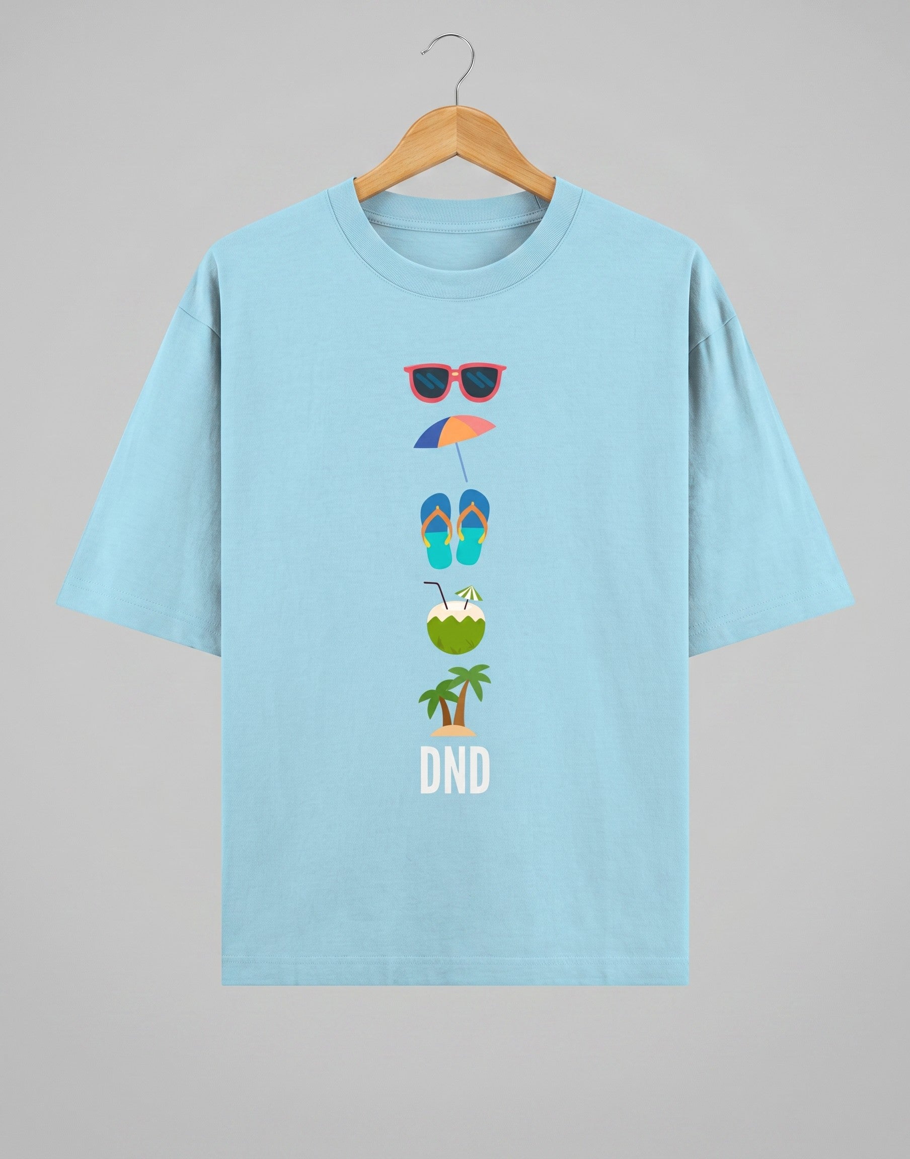 Tribe Neo 91 light blue oversized cotton t-shirt with a vertical stack of colourful beach icons and DND text.