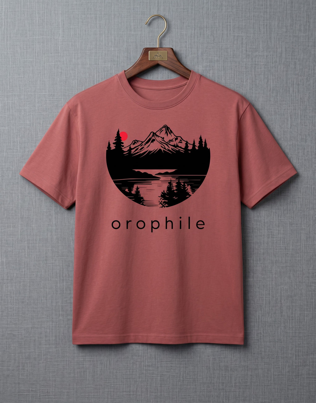 Tribe Neo 91 coral cotton crew neck t-shirt featuring a circular mountain landscape graphic with a red sun.