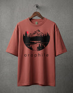 Tribe Neo 91 coral oversized cotton t-shirt featuring a circular black mountain landscape graphic and red sun.