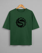 Tribe Neo 91 dark green oversized cotton t-shirt with a black koi fish yin yang graphic in an octagon frame.
