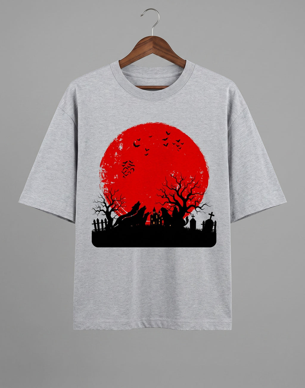 Tribe Neo 91 grey oversized cotton t-shirt featuring a red blood moon and gothic graveyard graphic print.
