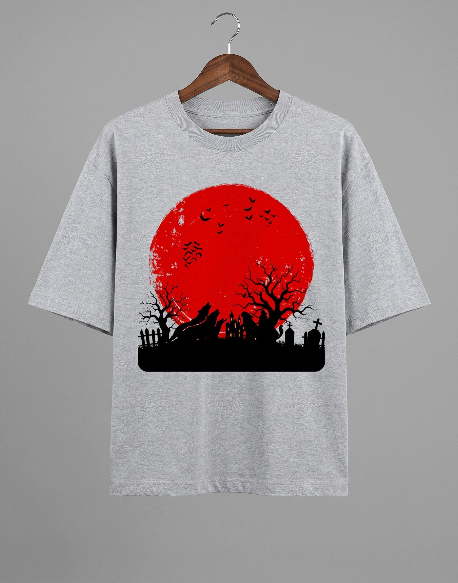 Tribe Neo 91 grey oversized cotton t-shirt featuring a red blood moon and gothic graveyard graphic print.