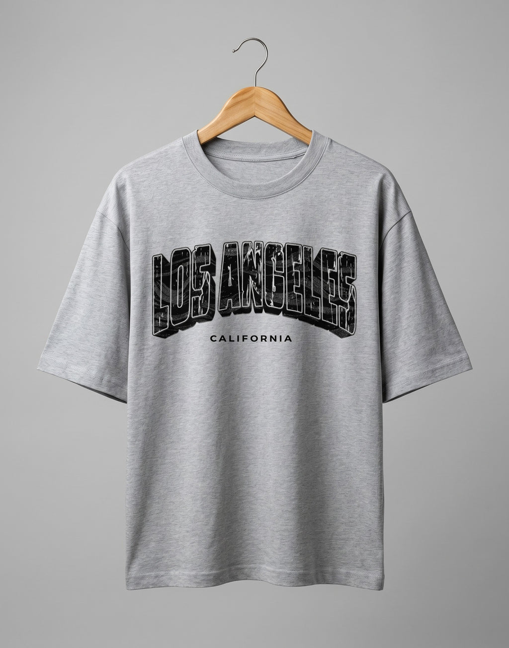 Tribe Neo 91 grey oversized cotton t-shirt with distressed Los Angeles California collegiate graphic print on hanger