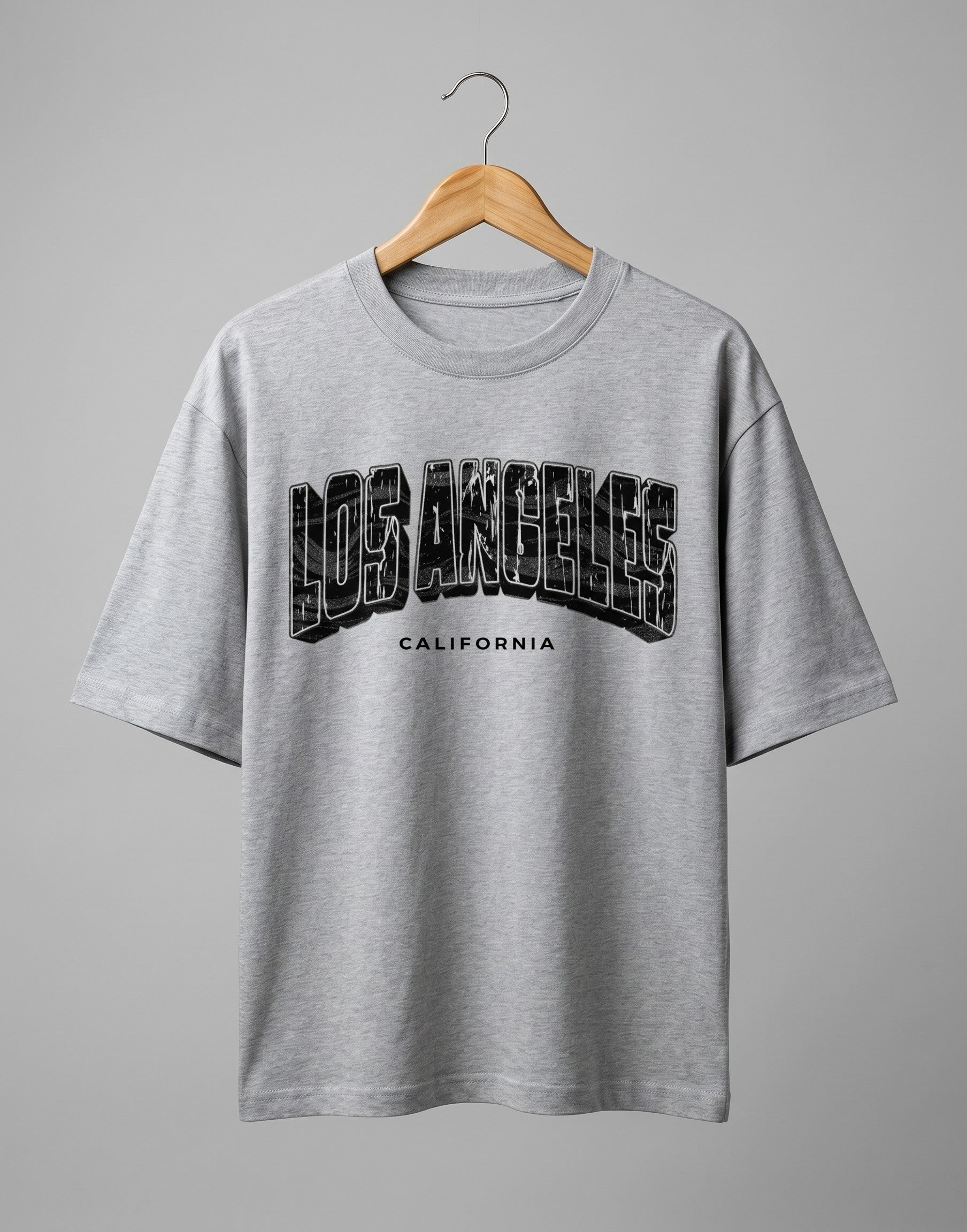 Tribe Neo 91 grey oversized cotton t-shirt with distressed Los Angeles California collegiate graphic print on hanger